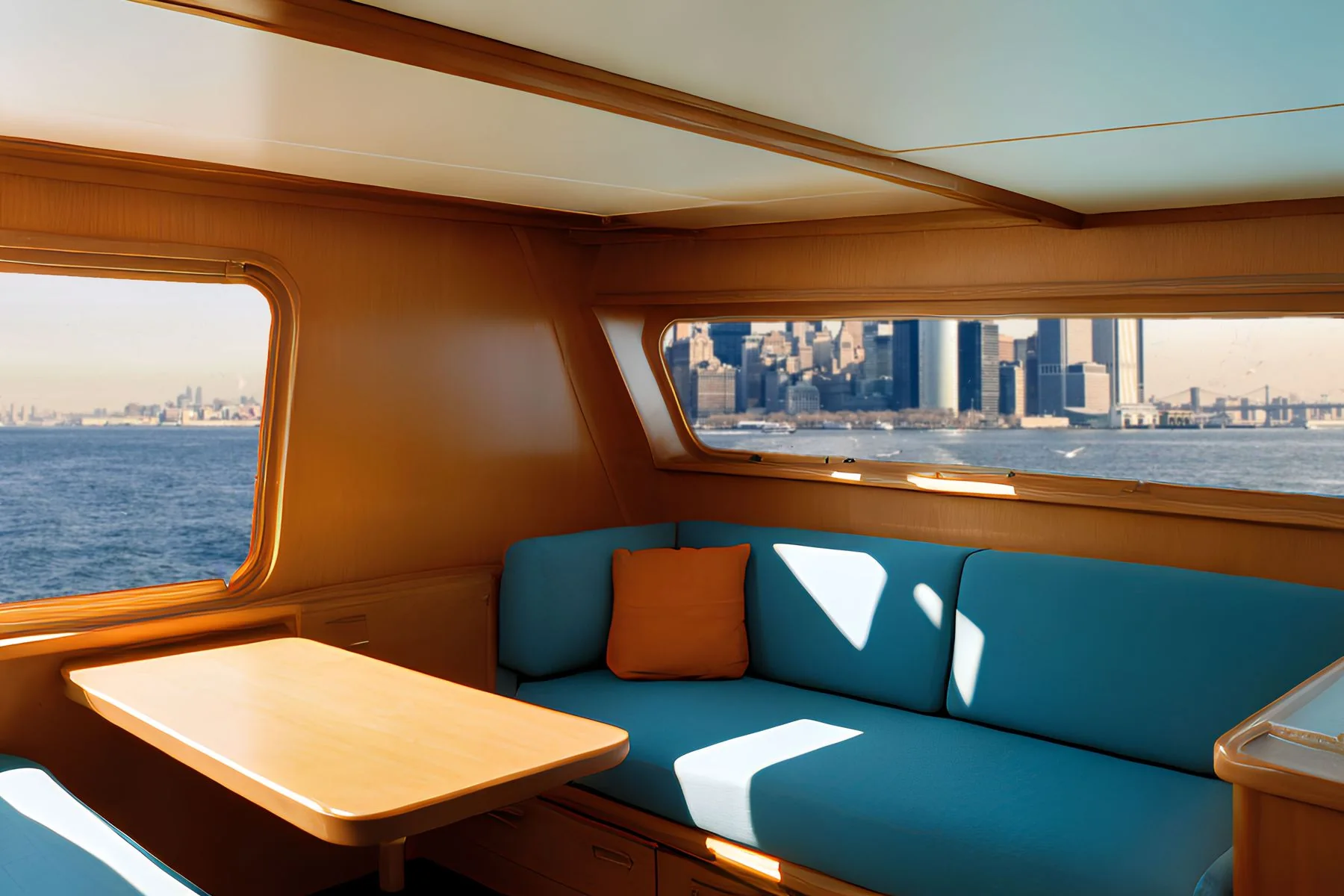 Fresh bedding in a yacht cabin with a sea view.