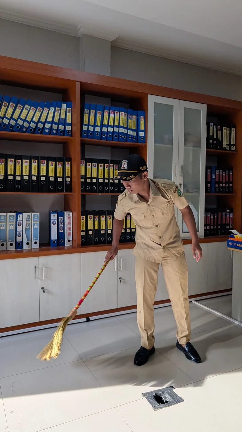 Cleaner sweeping an office floor.