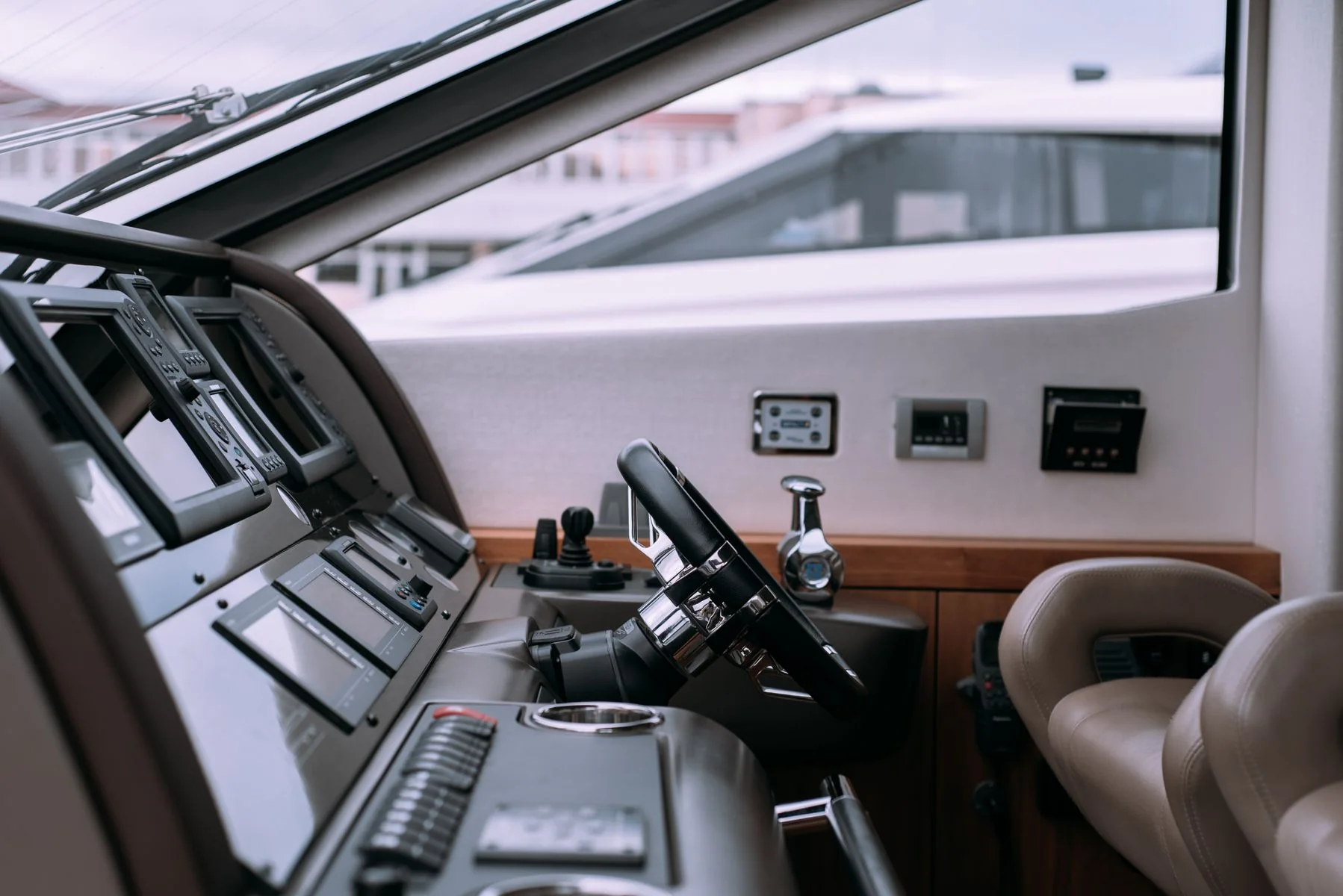 Yacht helm and cockpit controls.
